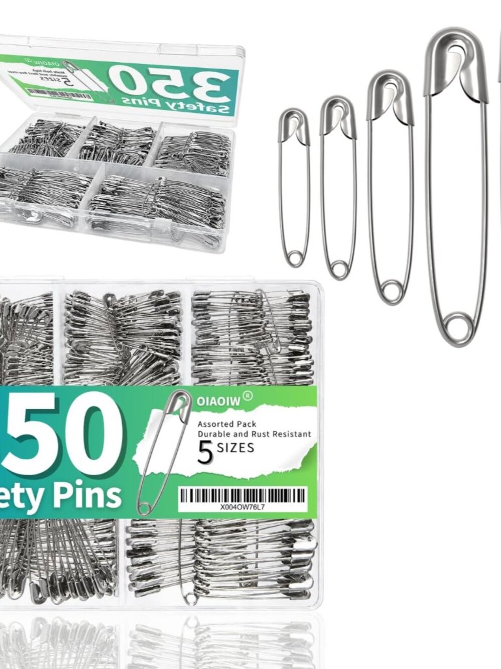 350 Pack Silver Safety Pins for Clothes 5 Assorted Sizes Strong Heavy Duty